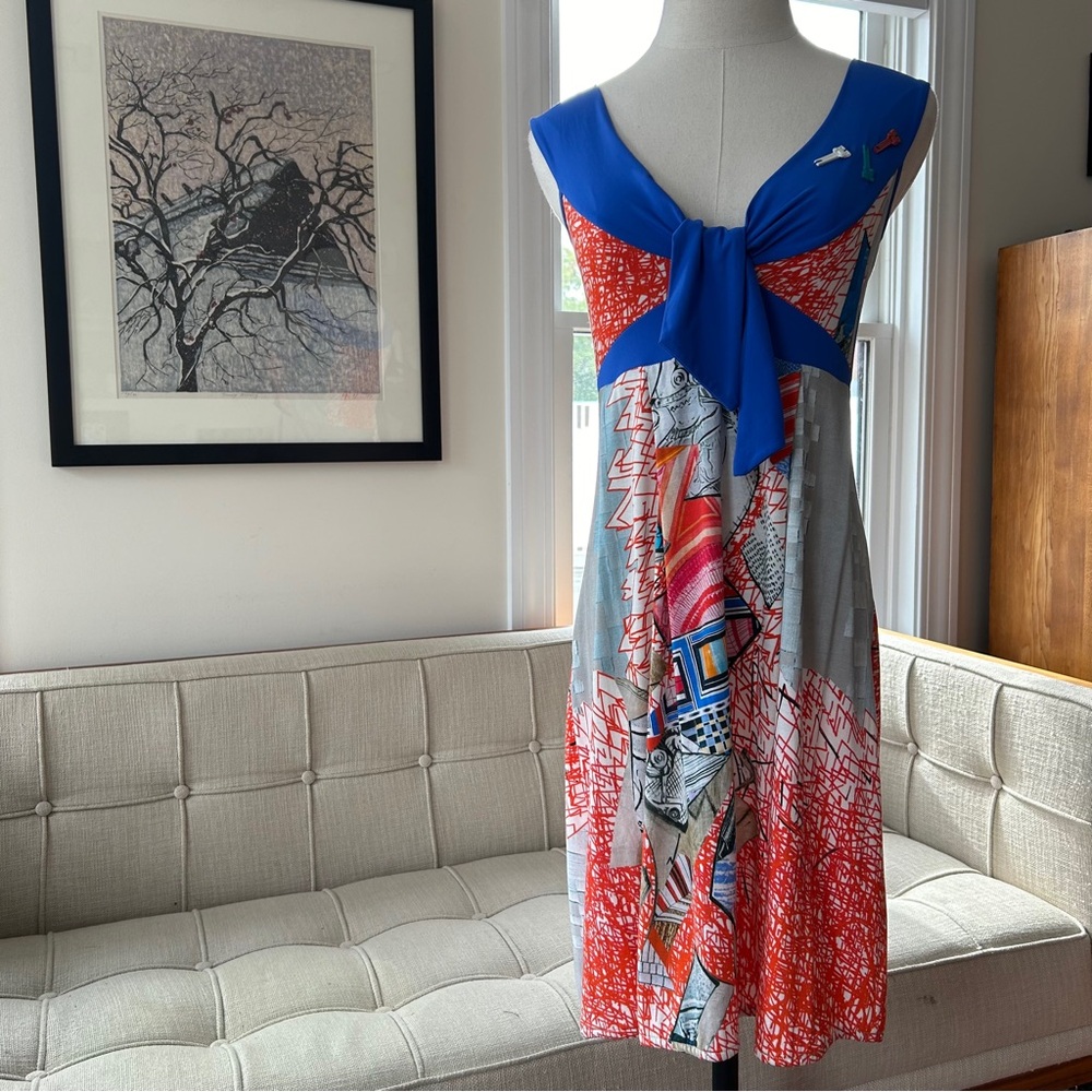 Save The Queen Blue, Red & Gray Tie-Front Midi Dress